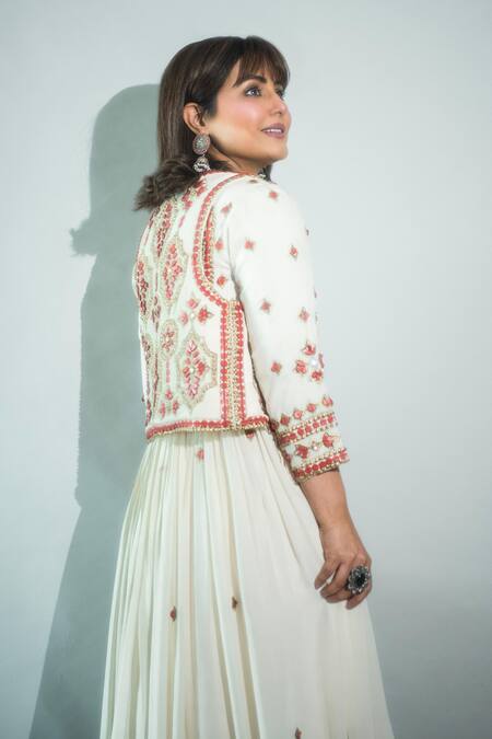 Buy_Surily G_Ivory Crepe Beads Round Neck Red Embroidered Anarkali _Online_at_Aza_Fashions