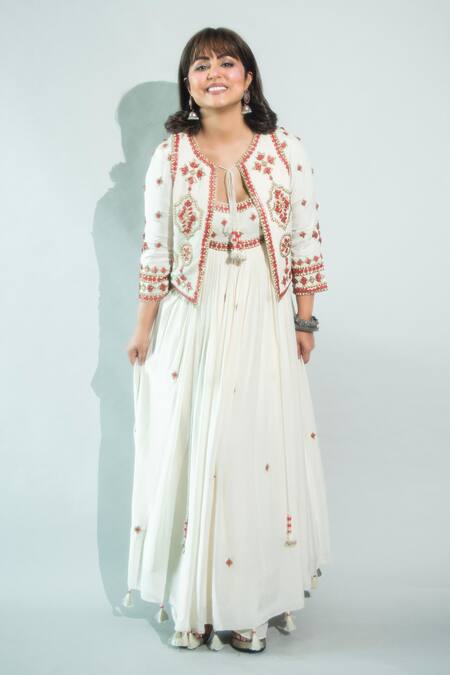 Shop_Surily G_Ivory Crepe Beads Round Neck Red Embroidered Anarkali _Online_at_Aza_Fashions