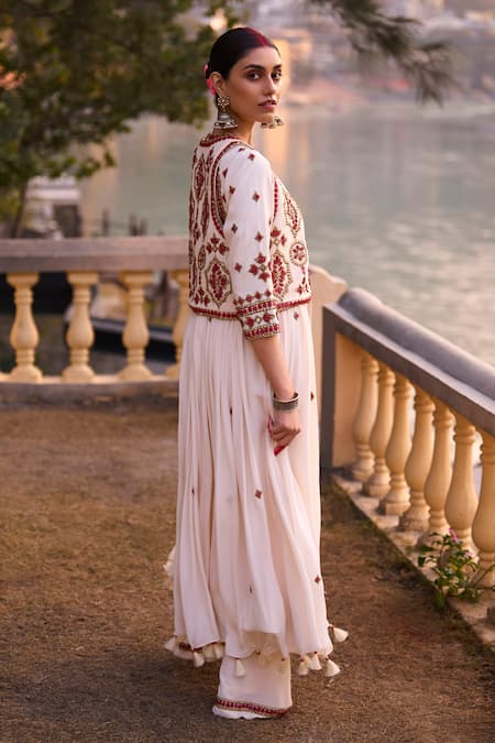 Shop_Surily G_Ivory Crepe Beads Round Neck Red Embroidered Anarkali _at_Aza_Fashions