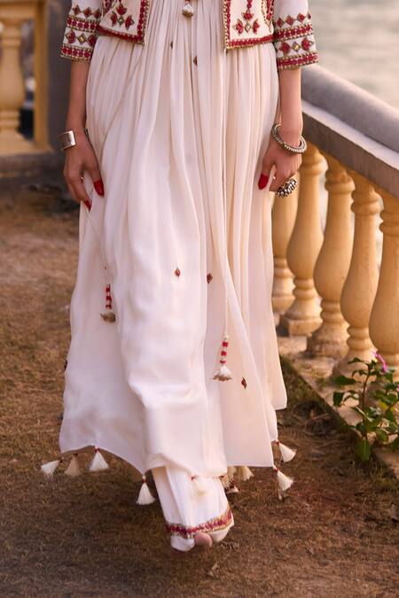 Surily G_Ivory Crepe Beads Red Embroidered Pant _Online_at_Aza_Fashions