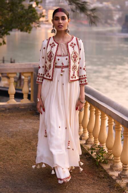 Shop_Surily G_Ivory Crepe Beads Red Embroidered Pant 