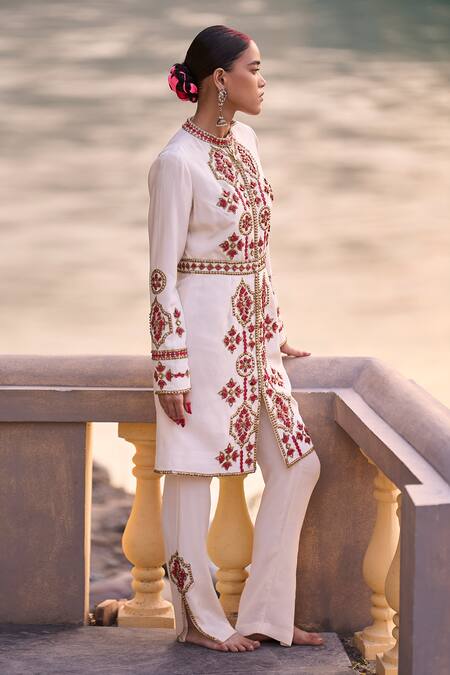 Surily G Ivory Crepe Beads Mandarin Collar And Red Designer Jacket Dress Online at Aza Fashions Surily G_Ivory Crepe Beads Mandarin Collar And Red Designer Jacket Dress _Online_at_Aza_Fashions