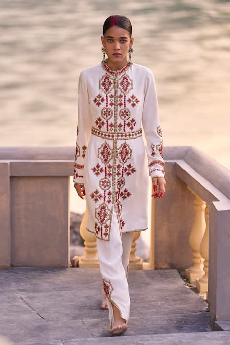 Surily G Ivory And Red Designer Jacket Dress 
