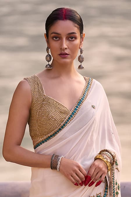Surily G Ivory And Green Georgette Saree 