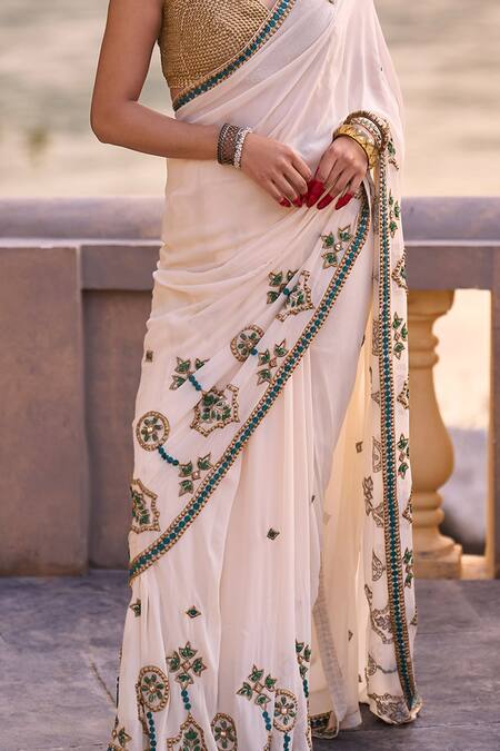 Surily G_Ivory Georgette Stones, Beads And Green Saree _Online_at_Aza_Fashions