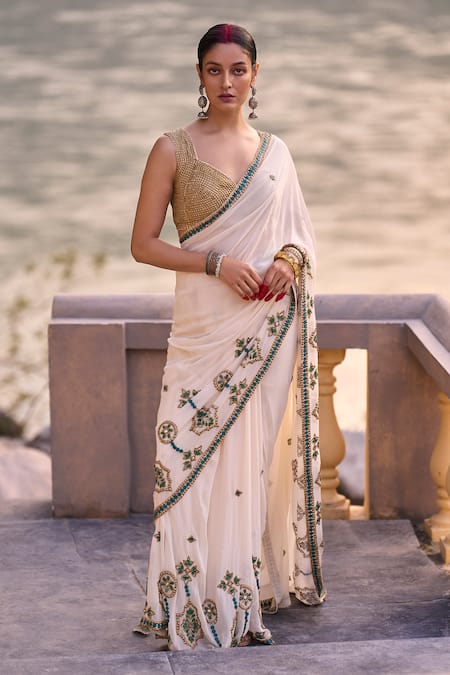 Surily G Ivory And Green Georgette Saree 