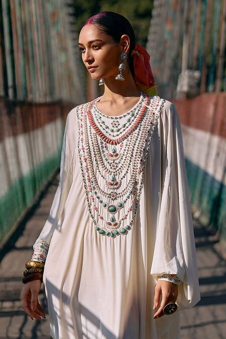 Surily G_Ivory Jersey Beads Round Neck Jewelled Kaftan _Online_at_Aza_Fashions