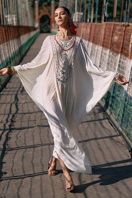 Buy_Surily G_Ivory Jersey Beads Round Neck Jewelled Kaftan _Online_at_Aza_Fashions