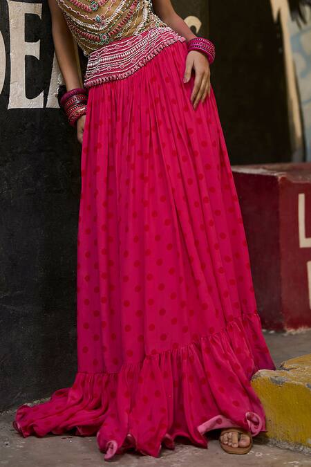 Surily G_Pink Crepe Jewelled Polka Skirt _Online_at_Aza_Fashions