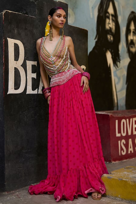 Surily G Pink Crepe Jewelled Polka Skirt 