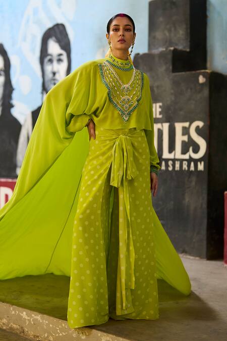 Surily G_Green Crepe Beads, Embroidery High Neck Asymmetric Jewelled Lime Top _Online_at_Aza_Fashions