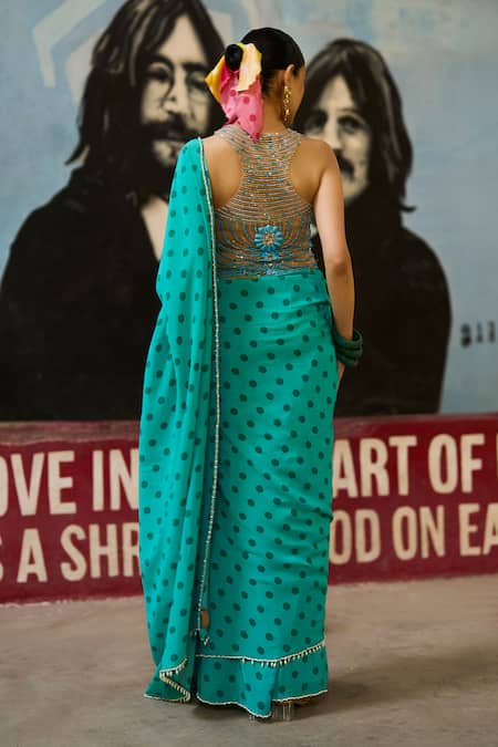 Surily G Turquoise Polka Dot Saree 