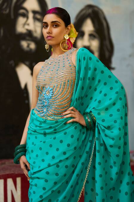 Surily G_Turquoise Crepe Pearls Polka Dot Saree _Online_at_Aza_Fashions