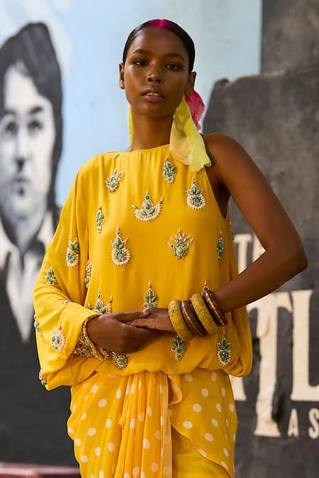 Surily G Yellow Crepe Beads Asymmetric One Sleeve Embroidered Top 
