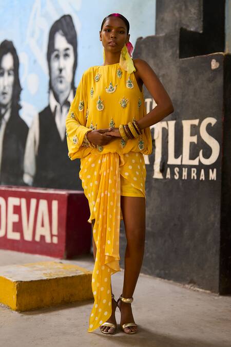 Surily G_Yellow Crepe Beads Asymmetric One Sleeve Embroidered Top _Online_at_Aza_Fashions