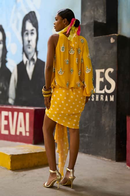 Surily G Yellow Polka Dot Draped Dhoti Skirt 