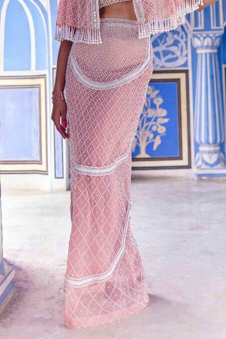 Surily G_Pink Net Pearls, Stones Powder Embellished Skirt _Online_at_Aza_Fashions