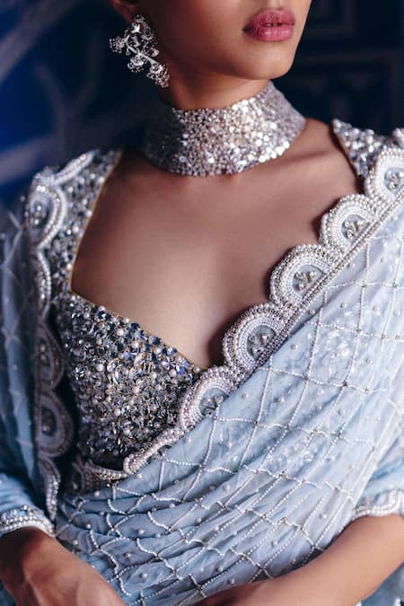 Surily G_Silver Net Pearls, Stones Scoop Neck Blouse _at_Aza_Fashions