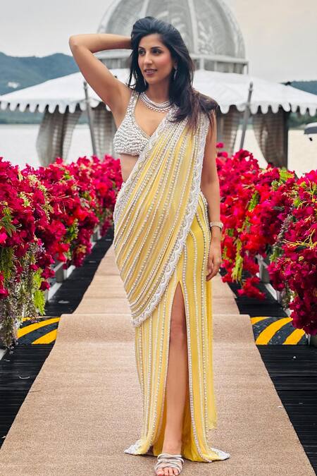 Shop_Surily G_Yellow Net Pearls, Stones V-neck Full Embroidered Blouse _Online_at_Aza_Fashions