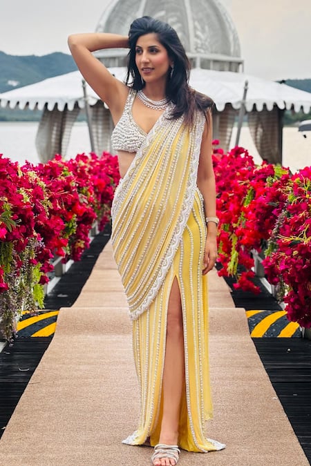 Surily G Yellow Georgette Embroidery Stitched Saree 