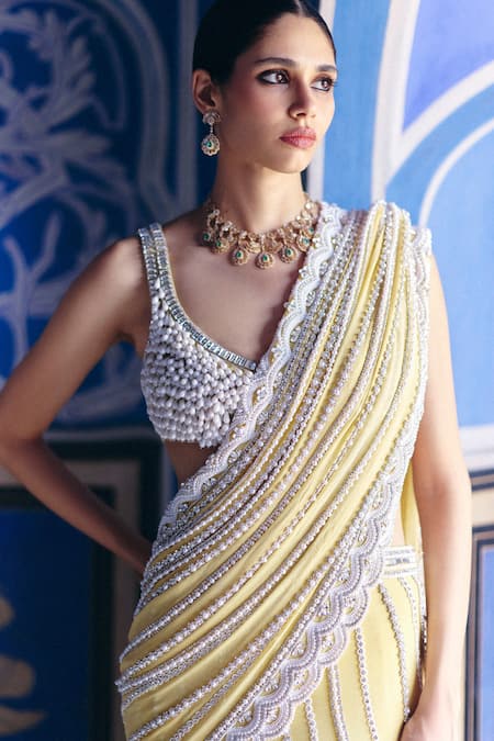 Surily G_Yellow Georgette Embroidery Stitched Saree _at_Aza_Fashions