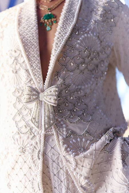 Surily G_Ivory Crepe Pearls, Stones Embroidered Blazer _Online_at_Aza_Fashions