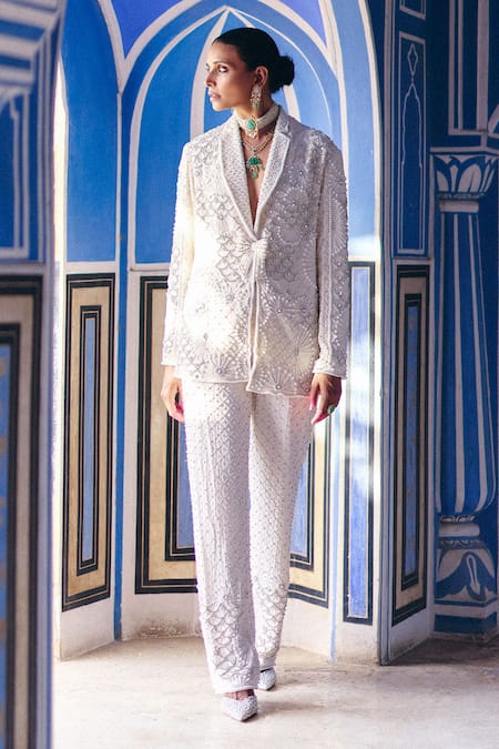 Surily G Ivory Pearl Embroidered Blazer 