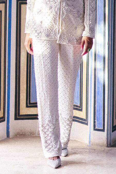 Surily G_Ivory Crepe Pearls, Stones Full Embroidered Pant _Online_at_Aza_Fashions
