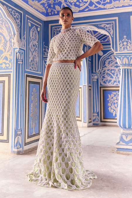 Surily G Green Net Pearls, Stones Round Neck Scallop Top 