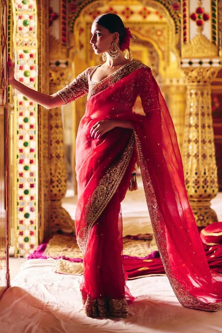 Surily G Red Organza Zari Zardosi Embroidered Saree 