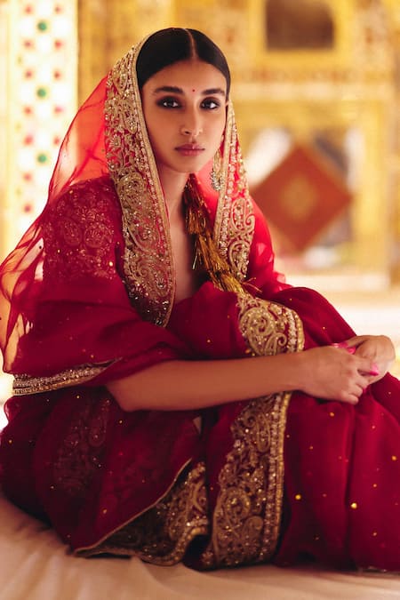 Buy_Surily G_Red Organza Zari Zardosi Embroidered Saree _Online_at_Aza_Fashions