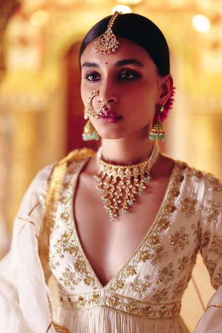 Surily G Ivory Silk Zari Round Neck Zardosi Embroidered Anarkali Online at Aza Fashions Surily G_Ivory Silk Zari Round Neck Zardosi Embroidered Anarkali _Online_at_Aza_Fashions