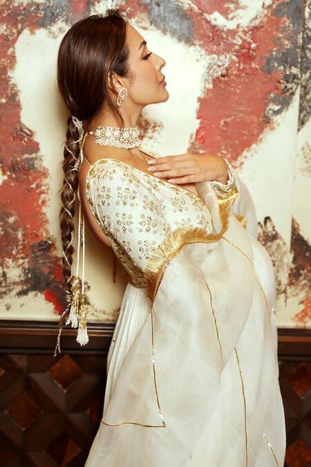 Buy_Surily G_Ivory Organza Zari Gota Embroidered Dupatta _Online_at_Aza_Fashions