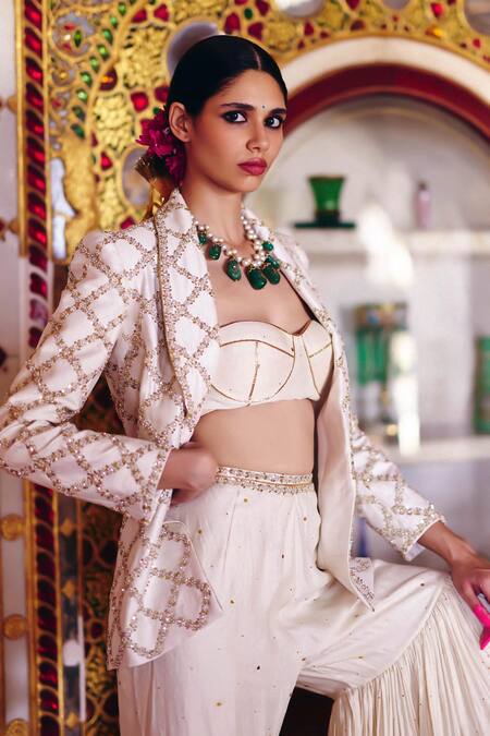 Surily G_Ivory Silk Embroidery Zardosi Blazer _Online_at_Aza_Fashions