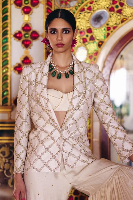 Surily G Ivory Silk Embroidery Zardosi Blazer 