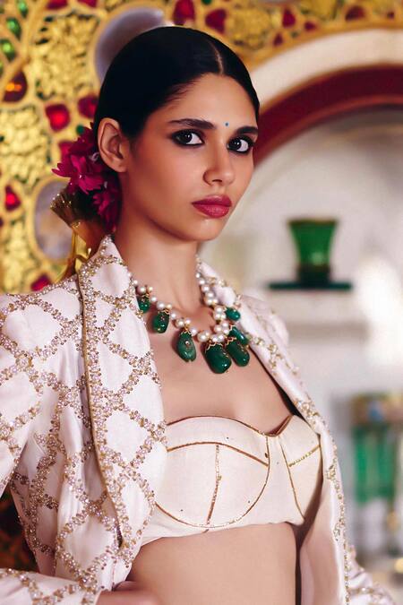 Surily G_Ivory Silk Zari, Embroidery Square Neck Zardosi Corset _Online_at_Aza_Fashions