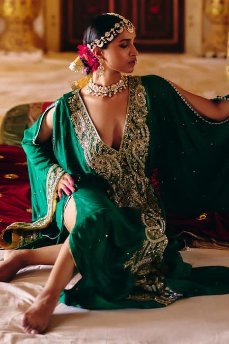 Surily G Green Zardosi Embroidered Kaftan 