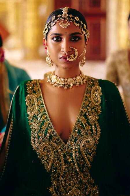 Surily G_Green Silk Zari V-neck Zardosi Embroidered Kaftan _Online_at_Aza_Fashions