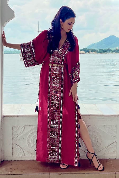 Surily G Maroon Tribal Kaftan with Embroidery 