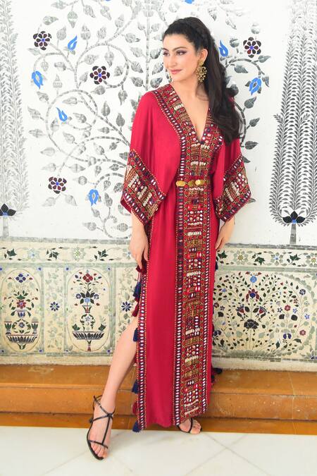 Shop_Surily G_Maroon Silk Embroidery V-neck Tribal Kaftan With _Online_at_Aza_Fashions