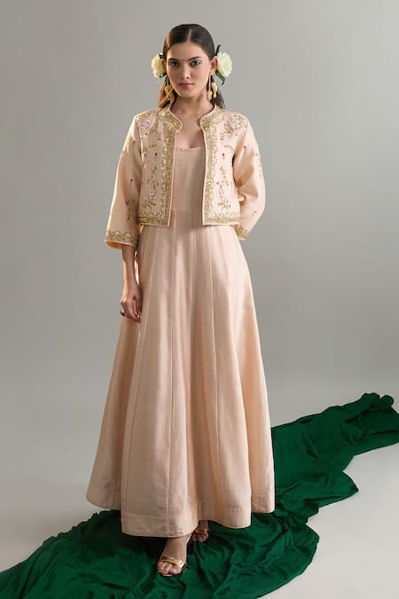 Anantaa By Roohi X AZA Beige Silk, Chanderi Sequins, Pearls, Zari, Cut Work, Anarkali And Jacket Set Online at Aza Fashions Anantaa By Roohi X AZA_Beige Silk, Chanderi Sequins, Pearls, Zari, Cut Work, Anarkali And Jacket Set _Online_at_Aza_Fashions