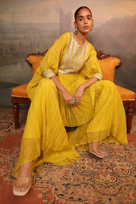 Jigya Japra_Lime Chanderi Sequins, Mirrors Round Neck Green Kaftan And Sharara Set _Online_at_Aza_Fashions