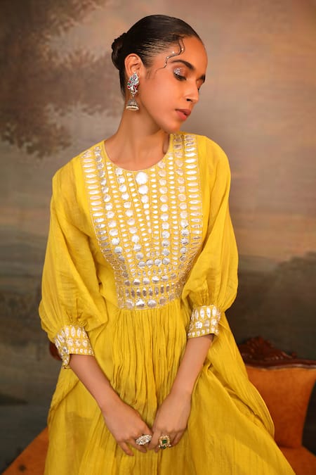 Buy_Jigya Japra_Lime Chanderi Sequins, Mirrors Round Neck Green Kaftan And Sharara Set _Online_at_Aza_Fashions