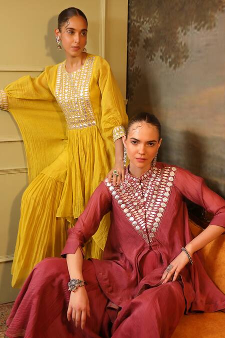 Shop_Jigya Japra_Lime Chanderi Sequins, Mirrors Round Neck Green Kaftan And Sharara Set _Online_at_Aza_Fashions