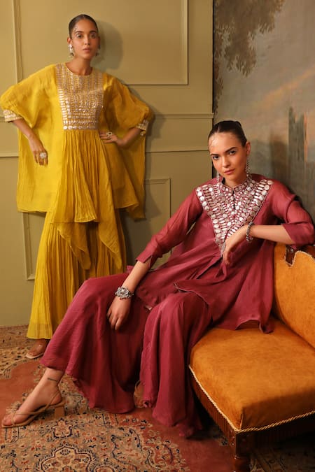 Jigya Japra_Lime Chanderi Sequins, Mirrors Round Neck Green Kaftan And Sharara Set _at_Aza_Fashions