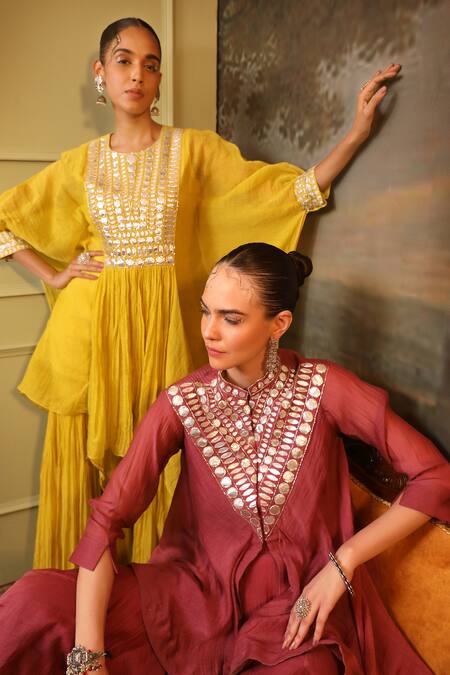 Buy_Jigya Japra_Lime Chanderi Sequins, Mirrors Round Neck Green Kaftan And Sharara Set 