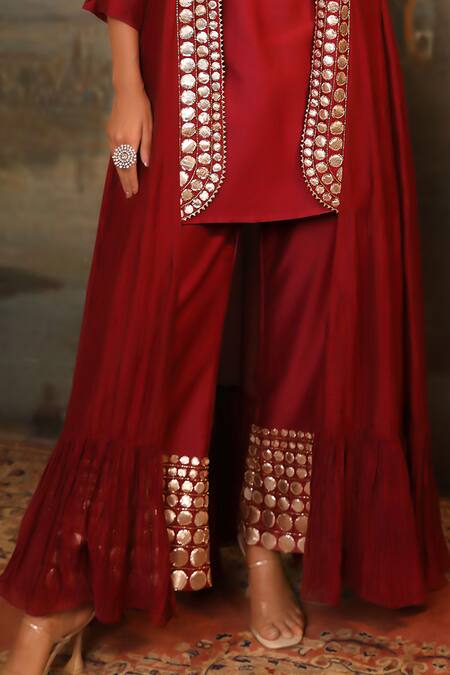 Jigya Japra_Red Chanderi Mirrors V-neck Cherry Palazzo Shrug Set _Online_at_Aza_Fashions