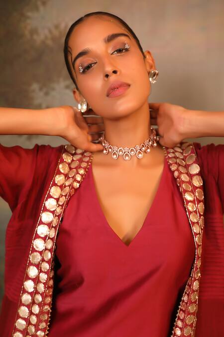 Buy_Jigya Japra_Red Chanderi Mirrors V-neck Cherry Palazzo Shrug Set _Online_at_Aza_Fashions