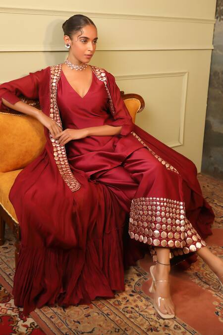 Buy_Jigya Japra_Red Chanderi Mirrors V-neck Cherry Palazzo Shrug Set 