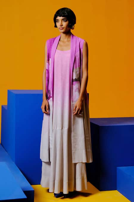 Shop_Clos_Pink Cotton Round , Open Beetroot And Light Grey Designer Dress Set _Online_at_Aza_Fashions